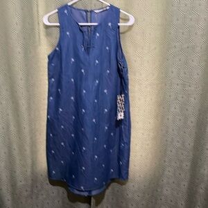 Given Kale size S denim like sleeveless dress w/ metal & palm tree pattern NWOT